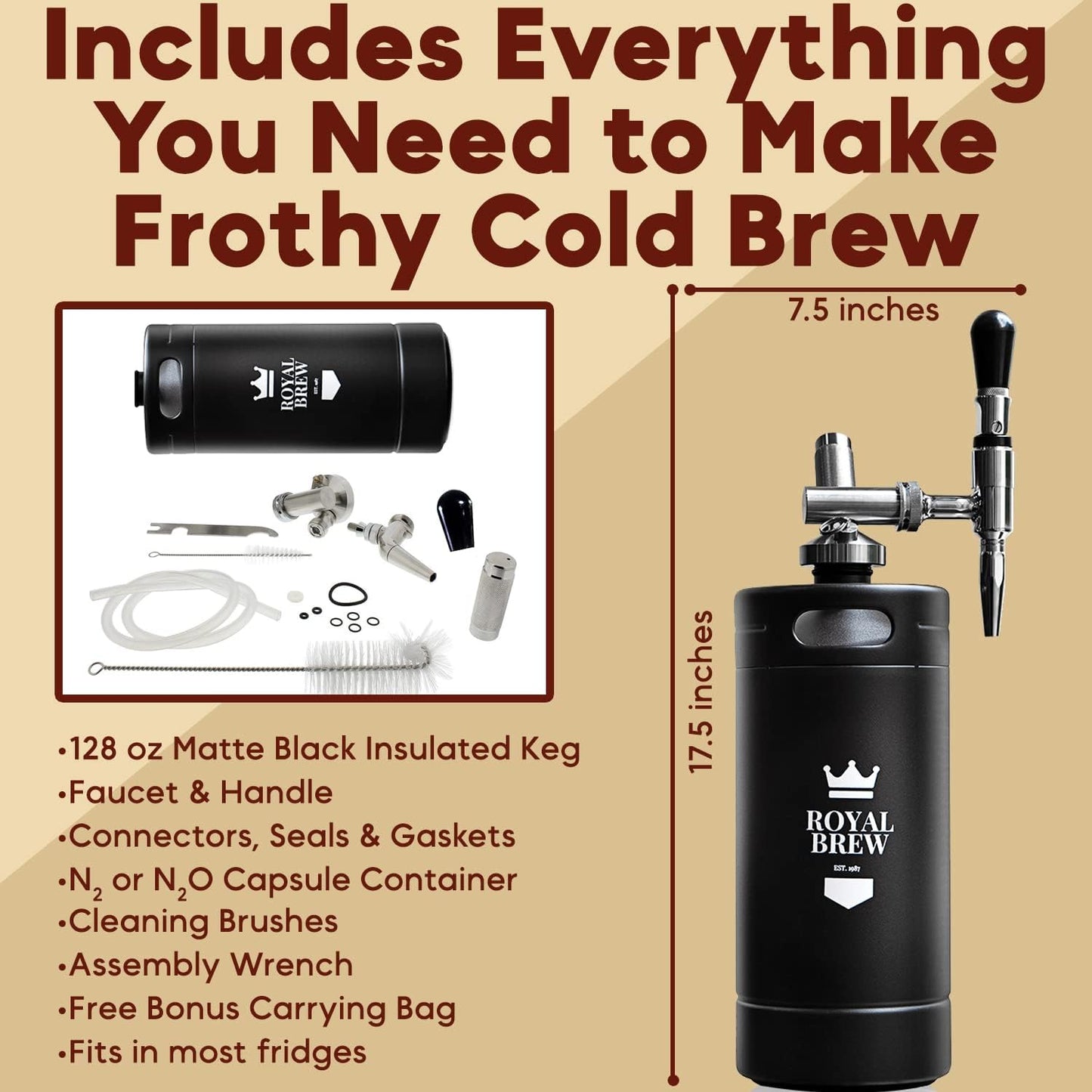 The Original Royal Brew Nitro Cold Brew Coffee Maker - Gift for Coffee Lovers -128 oz Extra Large Home Keg, Nitrogen Gas System Coffee Dispenser Kit - Use Nitrogen or Nitrous Oxide
