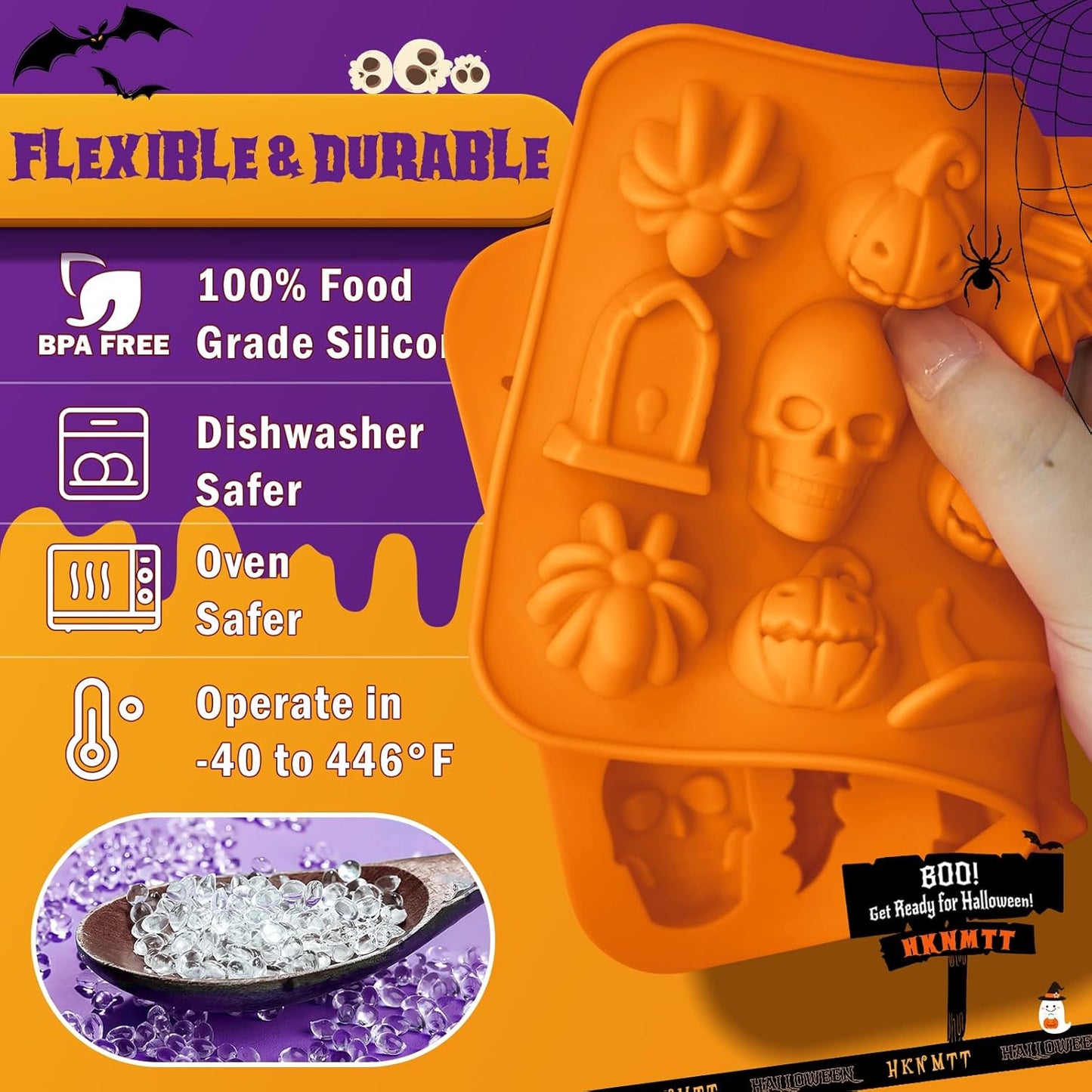 Halloween Molds Silicone for Chocolate 3 Pack, 3D Halloween Chocolate Candy Gummy Mold Skull Pumpkin Bat Ghost Witch Hat Spider tombstone Shapes Mold