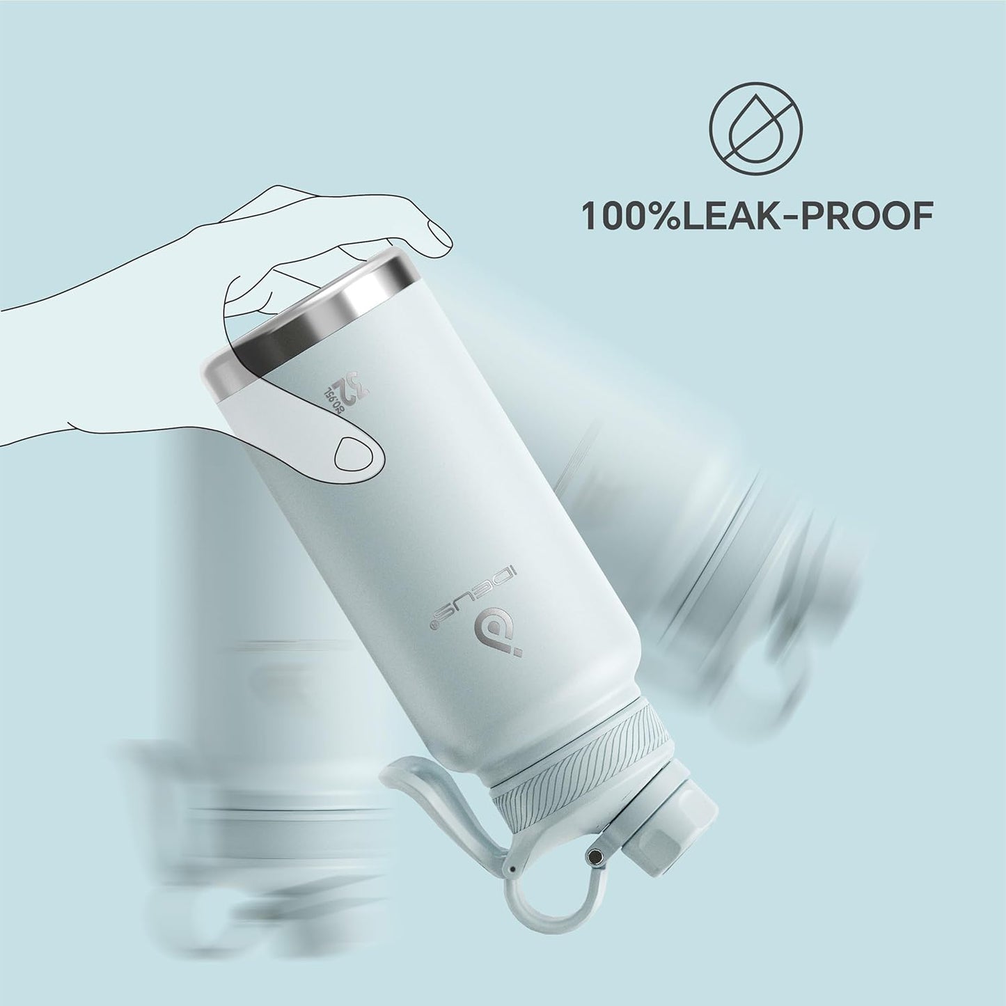 IDEUS Insulated Stainless Steel Water Bottle with 2 Leak-Proof Lids, Thermal Water Flask for Hiking Biking, 32oz, Light Blue