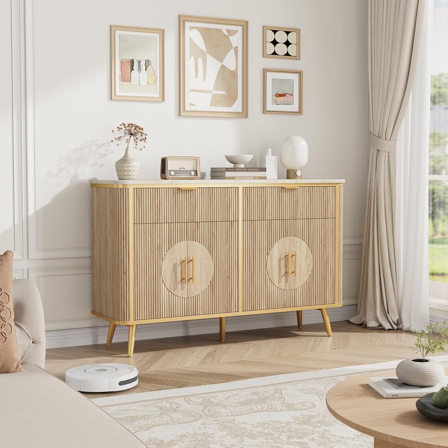 47.2" Buffet Storage Cabinet, Modern Fluted Coffee Bar Station with 2 Drawers & Adjustable Shelves, Kitchen Sideboard Buffet for Dining Room, Living Room, Hallway, Natural Oak