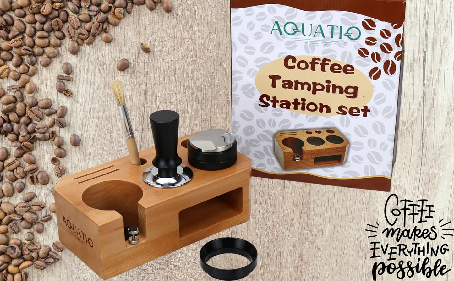 Espresso Tamping Station With Tools - 51, 53, 54 mm - Includes Coffee Tamper, Distributor, Dosing Funnel & Brush - Wooden Coffee Tamper Station - Espresso Organizer & Portafilter Holder