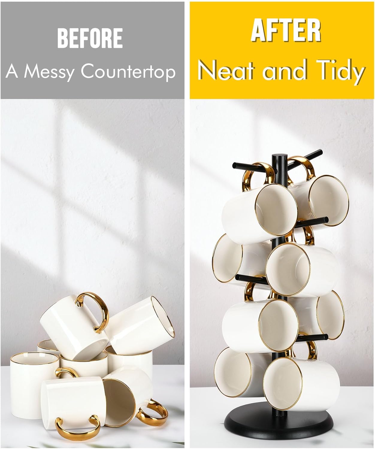 Lorbro Coffee Mug Tree with 8 Hooks, Mug Tree Stand, Wooden Coffee Cup Holder, Countertop Mug Tree, Mug Stand Kitchen Organizer, Cafe Accessories Decor & Kitchen Organizer Storage Stand (Black)