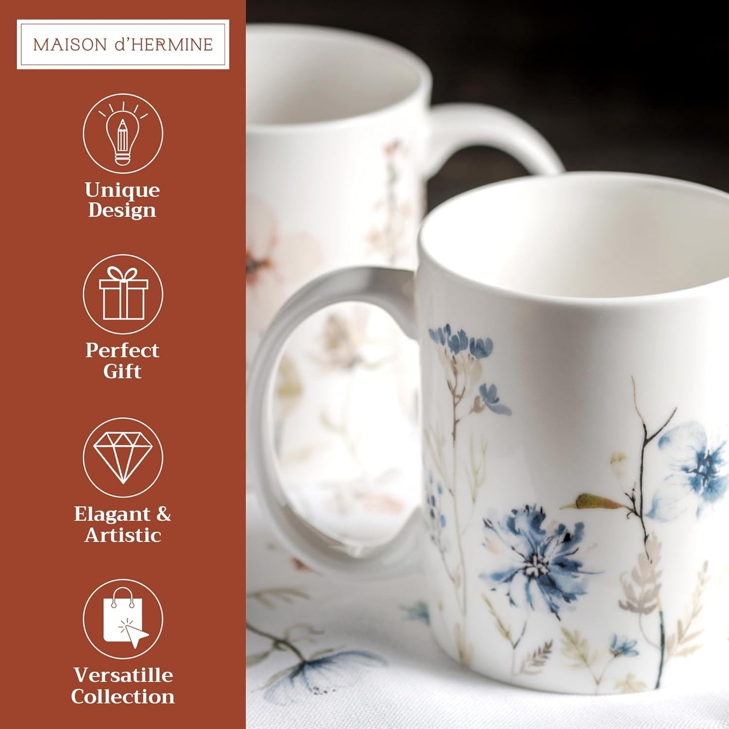 Maison d' Hermine Coffee Mug with Handles Fine Bone China Mugs Pack of Two Tea Cups for Hot Beverages Cappuccino Latte Home Restaurant Office Perfect for Gift (Ice Florals, 15 Ounce)