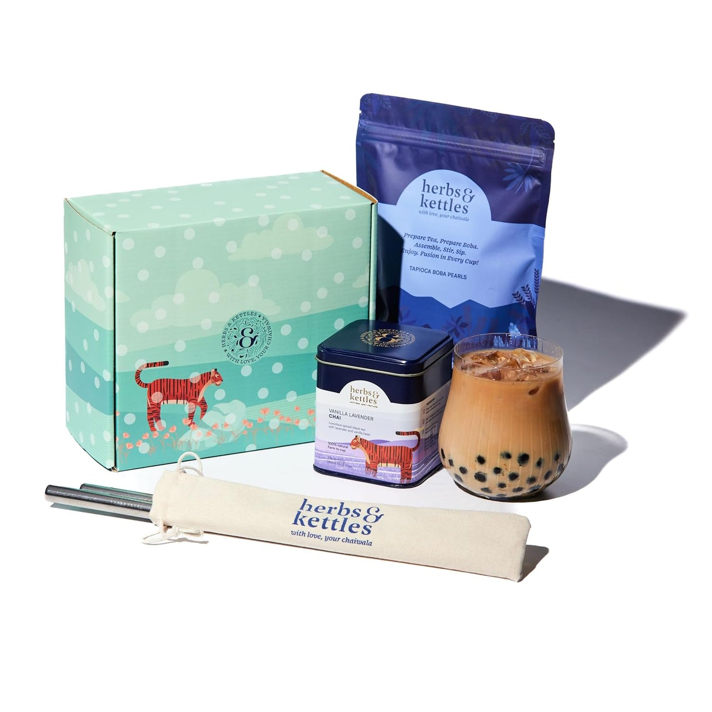 Herbs & Kettles Vanilla Lavender Chai Boba Kit | Assam Black Tea with Real Vanilla Bean, Lavender Flowers & Warming Spices + Chewy Tapioca Pearls | DIY Bubble Tea Kit with Reusable Straws