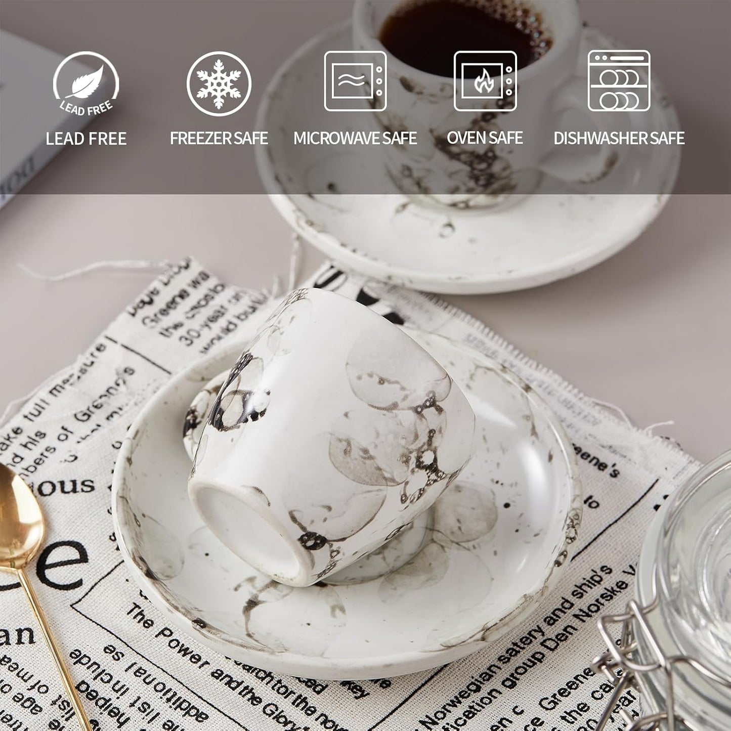 SIDUCAL Espresso Cups Set of 6,2 Ounce Ceramic Coffee Cups with Saucers,Porcelain Double Espresso Shot Cup Set,Gift Box for Boyfriend Gift(White)