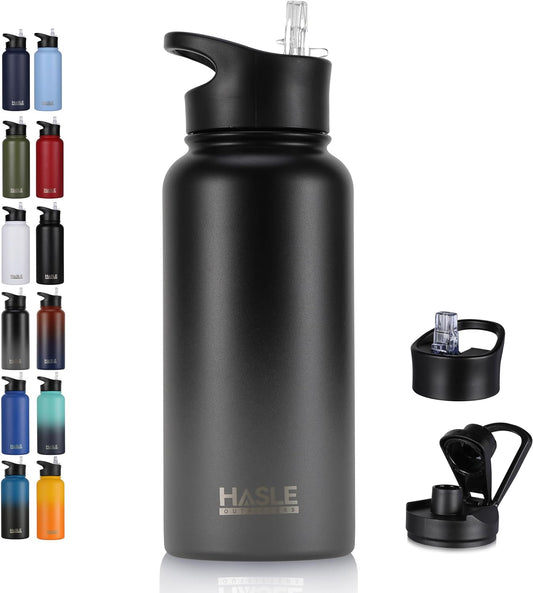 HASLE OUTFITTERS 32oz Stainless Steel Water Bottle, Vacuum Insulated Double Walled Leak Proof Sports Water Bottle with 2 Lids (Straw and Spout Lid) Thermo Mug Keep Cold and Hot(Black Gray Gradient,1)