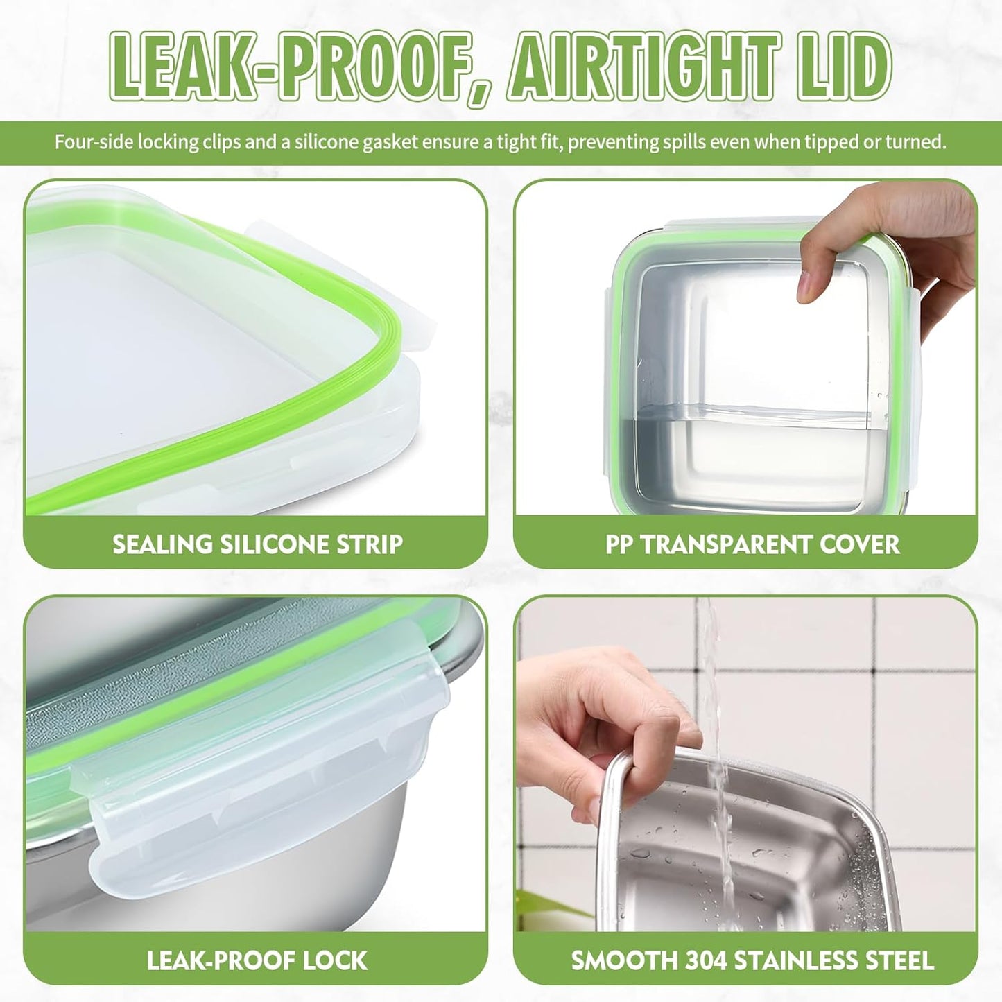 3 Pack Sandwich Containers, 24oz Stainless Steel Sandwich Box with Airtight Lids, Reusable Metal Meal Prep Lunch Boxes, BPA-Free, Dishwasher Safe, Food Storage Containers for Families (Green)