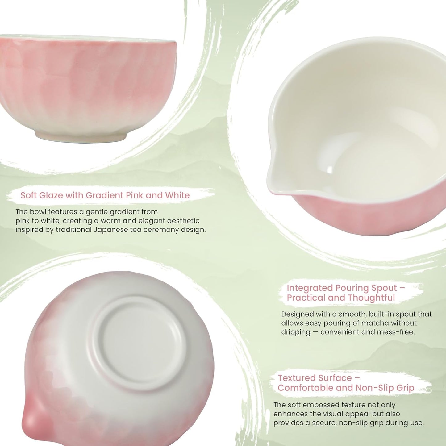 7-Pcs Matcha Whisk Set - Ceramic Matcha Set Includes Bowl,Whisk,Holder,Bamboo Scoop,Scoop Rest,Sifter & Tea Towel – Japanese Traditional Tea Kit for Beginners & Tea Lovers (Gradient Pink)