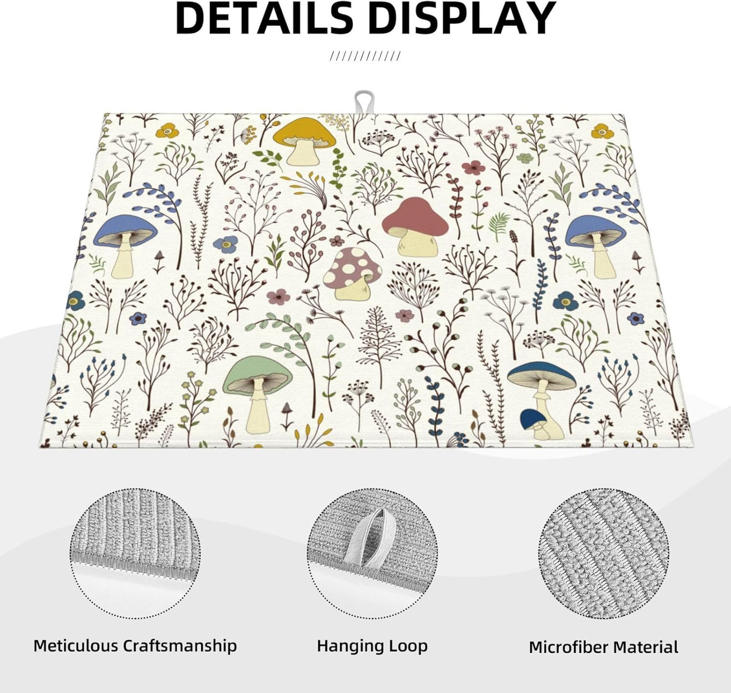 Cute Mushrooms Wild Plant Dish Drying Mat 18"x24" Microfiber Absorbent Fast Dry Mat for Kitchen Counter Coffee Bar Colored Mushroom Large Drying Mat Kitchen Decor Gifts