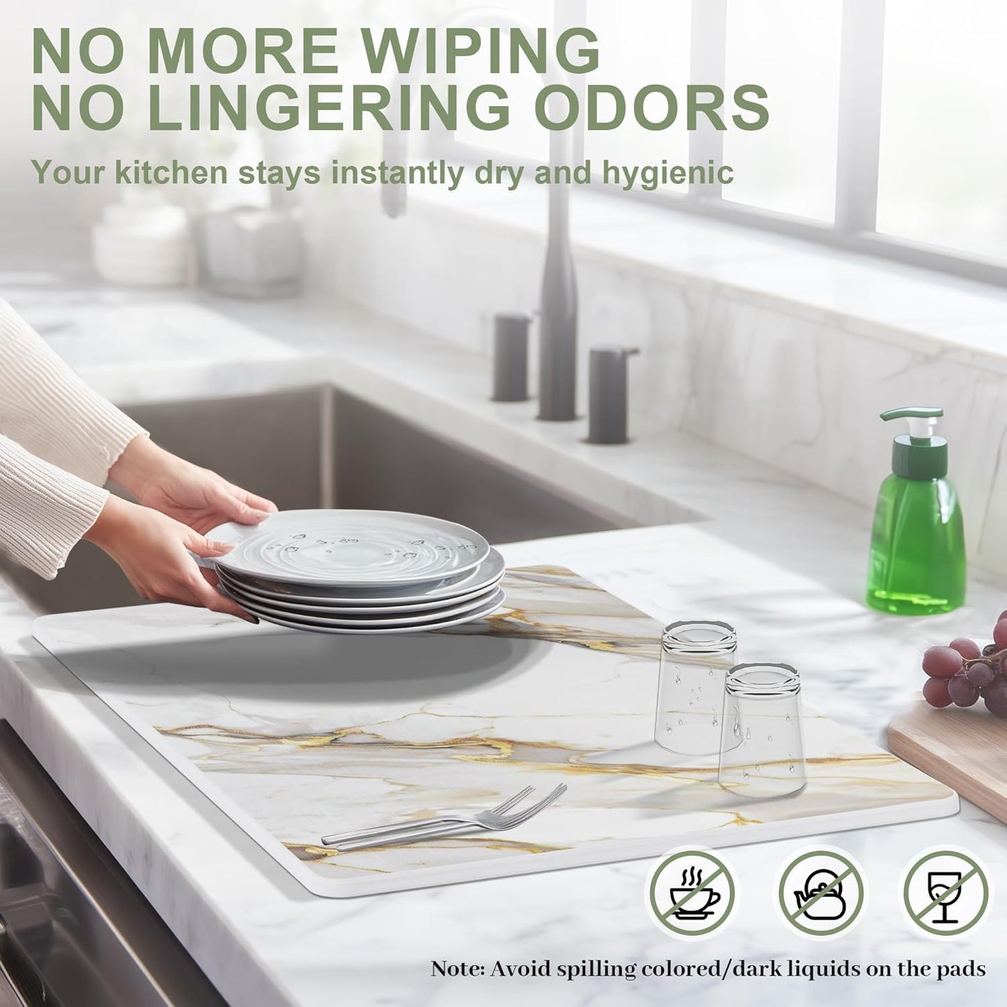 Large Stone Drying Mat for Kitchen Counter, 24" × 16" Diatomite Dish Drying Mat, Quick Dry Stone Mats, Ultra Absorbent Natural Diatomaceous Earth Mats for Dished, Bottles, White Marble