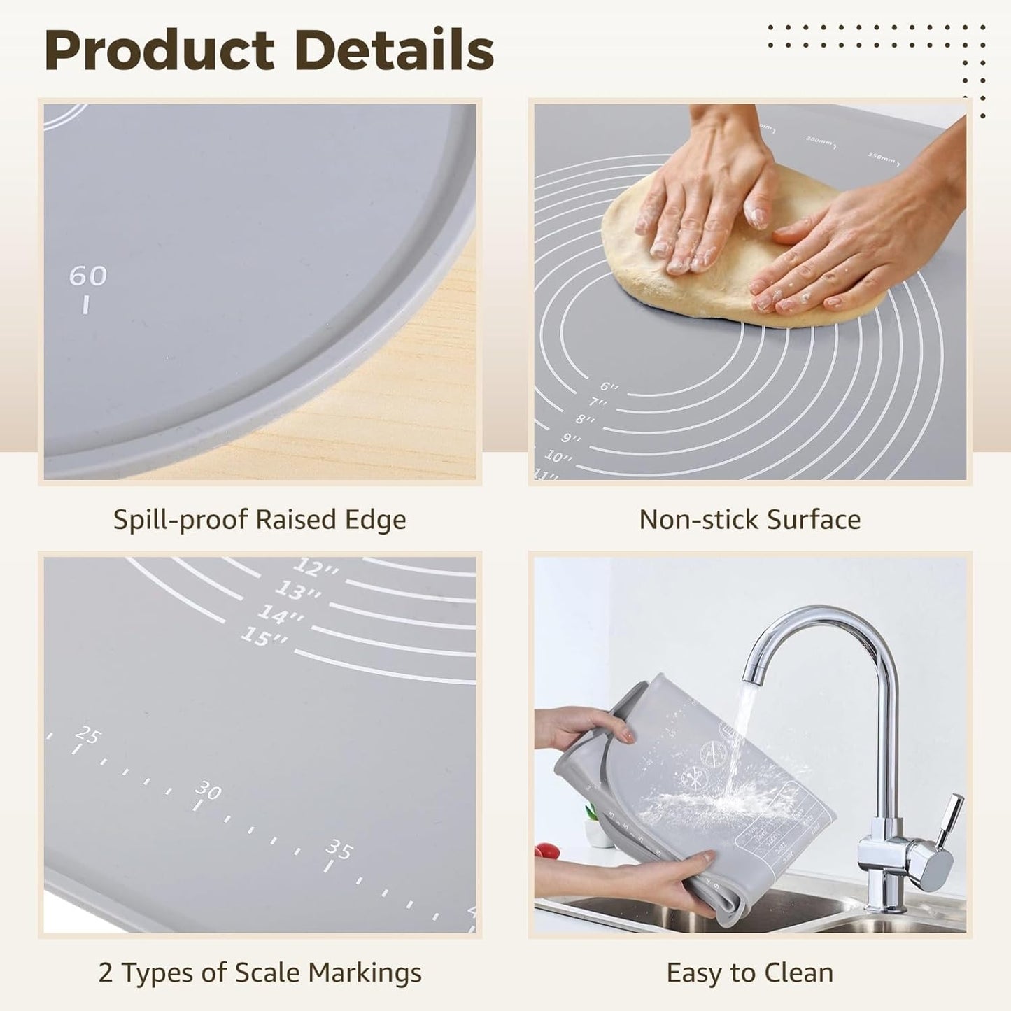 Large Silicone Baking Mat, 31.5×23.6" Non-stick Dough Rolling Mat with Measurements, Extra Thick Kneading Mat with Raised Edges, Heat-resistant Countertop Pastry Mat with Accessories