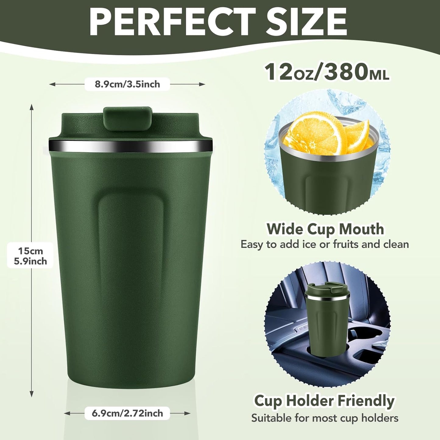 Volhoply 12 oz Double Wall Insulated Vacuum Travel Coffee Mug with Flip Lid,Reusable Stainless Steel Leak Proof Coffee Cup,Portable Cafe Thermal Tumbler Suitable for Hot&Cold Drinks(Army Green,1 Set)