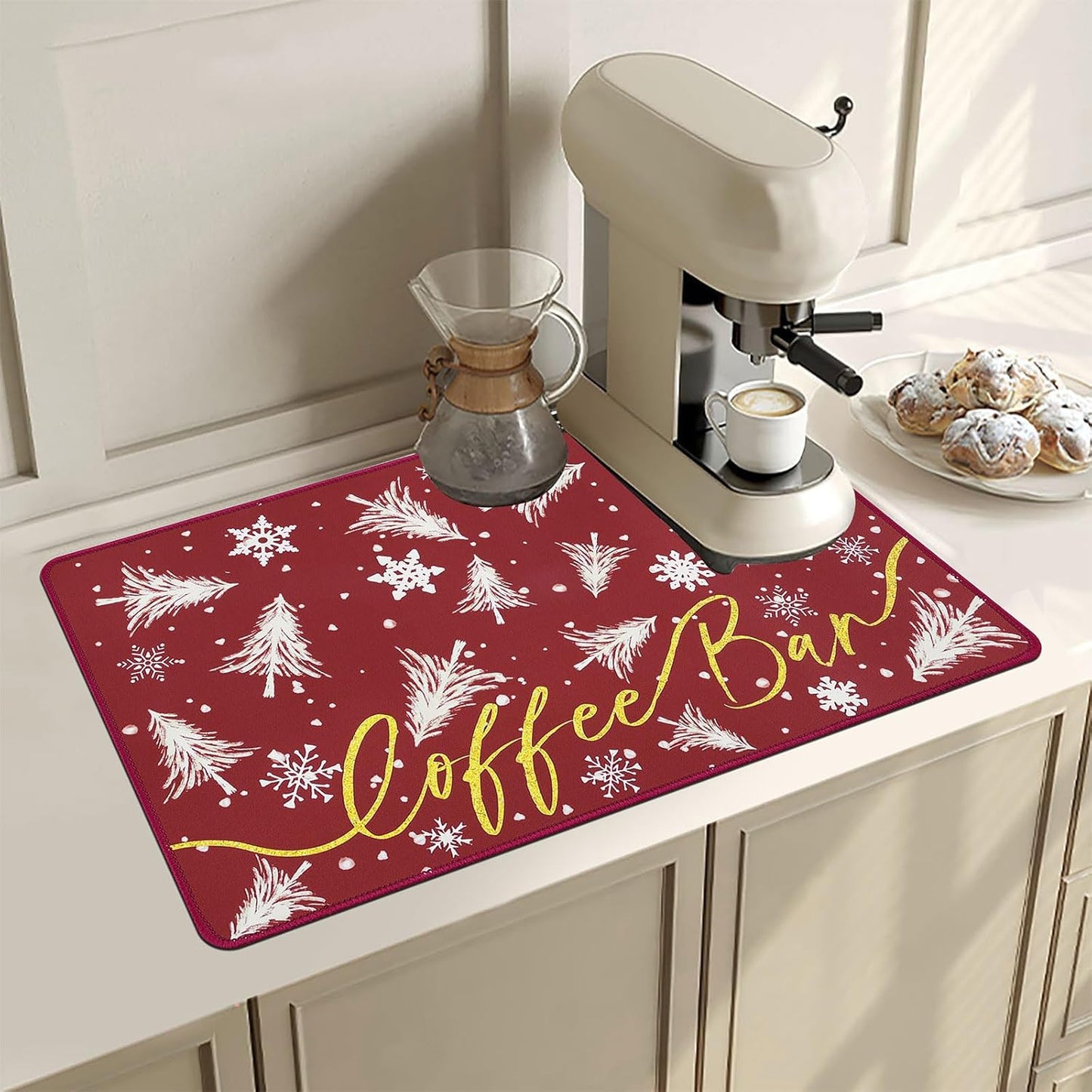 SHACOS Christmas Coffee Mat 2-Pack 12x19 Absorbent Non Slip Coffee Maker Mat for Countertop Accessories Heat Resistant, Christmas Red