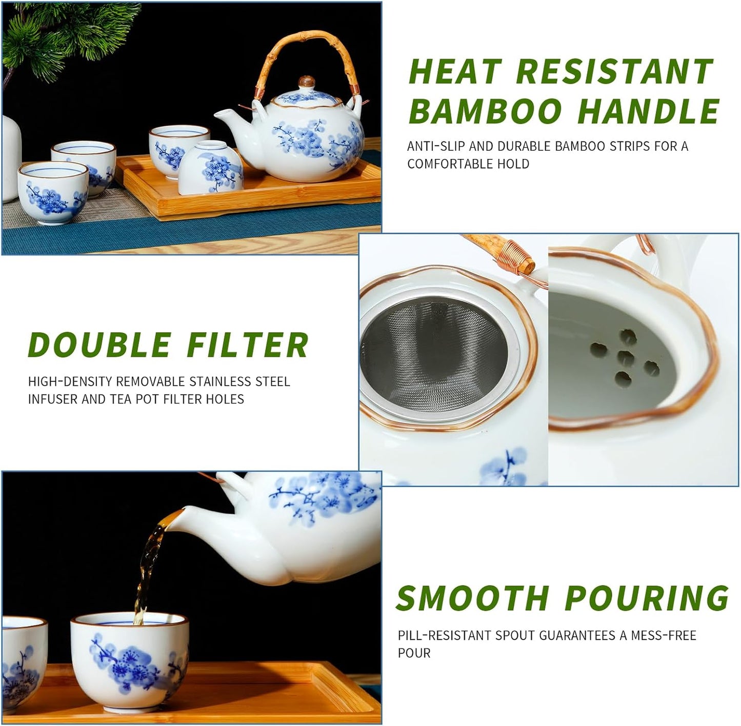Japanese Tea Set Porcelain Tea Set with Teapot and Tea Cup Set for 4, Blue and White Tea Sets for Adults with Stainless Infuser and Bamboo Tray, Asian Tea Set for Tea Lovers/Women/Men (Plum & Bamboo)