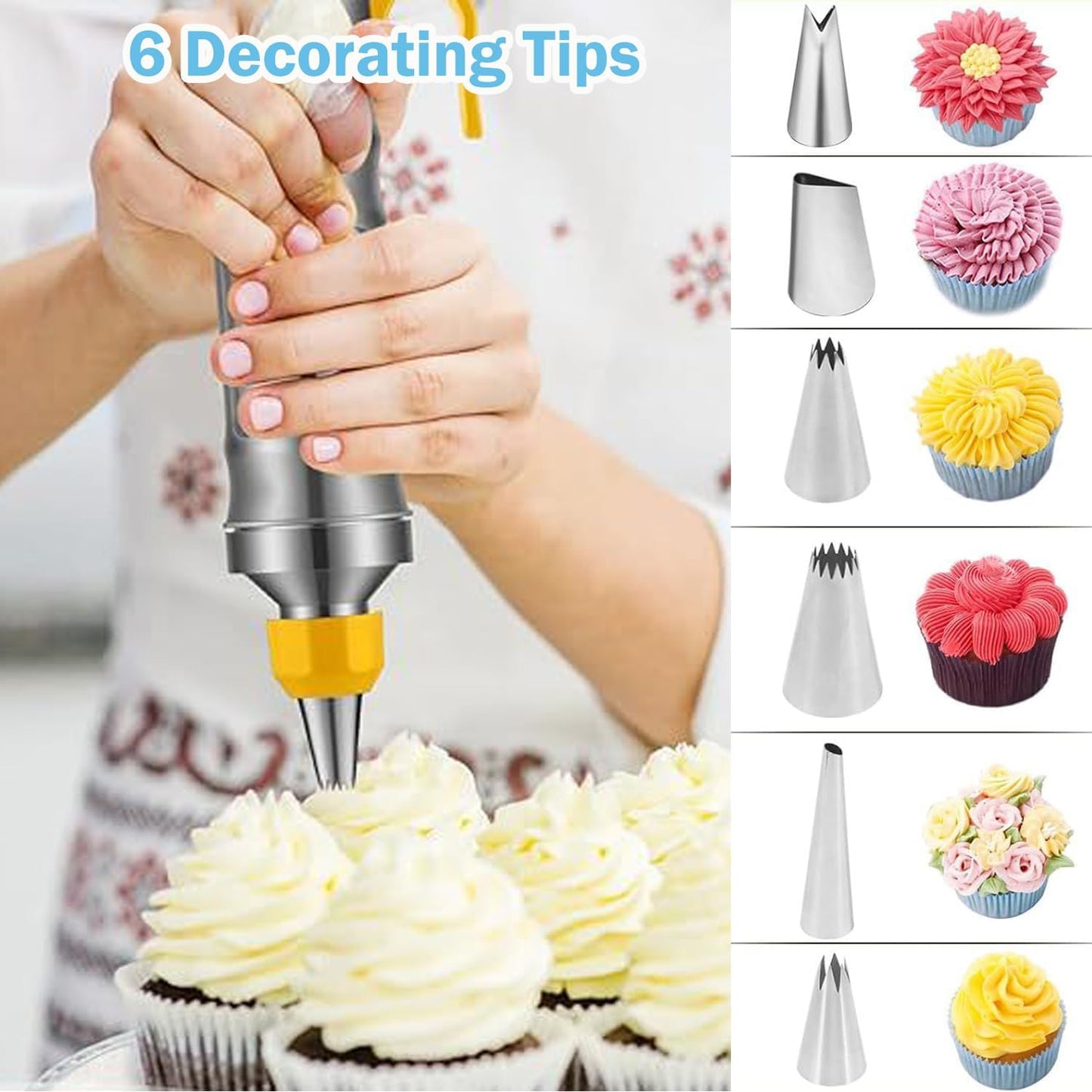 Hendiy Dessert Decorating Syringe Set, Stainless Steels Cake Decorating Tools Icing Piping Kit Icing Gun Cupcake Frosting Piping Kit, Cake Piping Kit with 6 Icing Nozzles and 9 Cupcake Liners