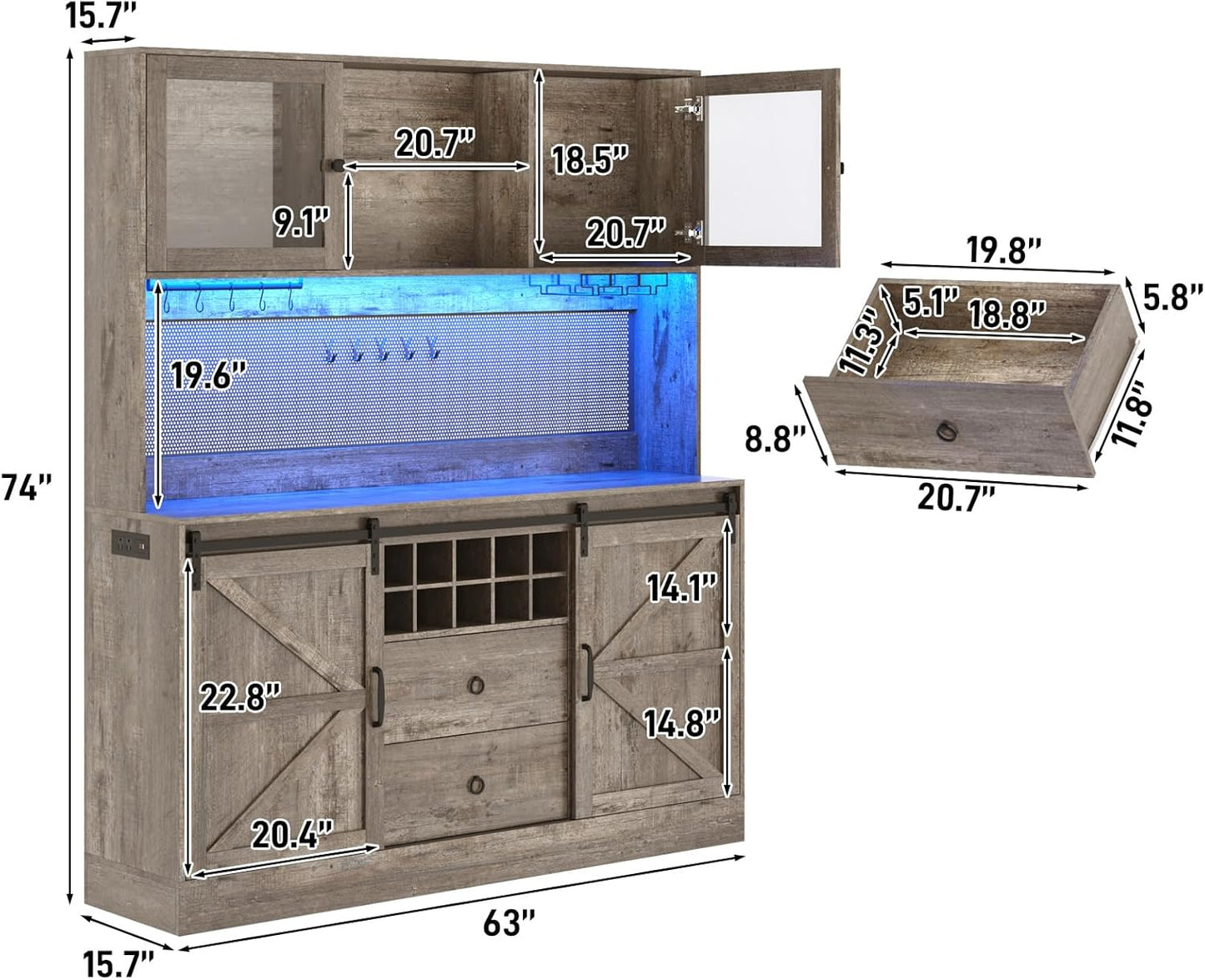 74" Tall 63" Wide Larg Bar Cabinet w/ Outlet,6000-color LED Light,Pegboard,Farmhouse Hutch Bar Cabinet w/Barn Door,2 Big Drawers,Adjustable Shelves,10 Wine & Glasses Rack,5 Hook for Kitchen,OAK