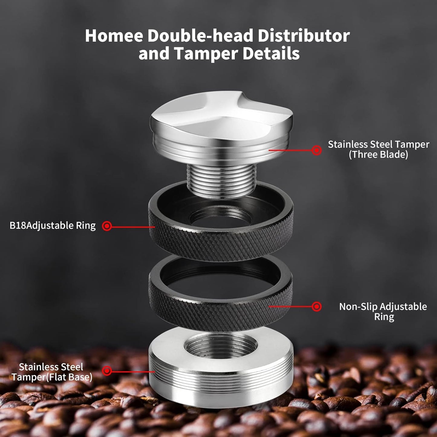 51mm Espresso Tamper, Coffee Distributor Adjustable Height, Coffee Leveler Fits with Two-in-one Double-head and Flat-bottom Three Leaf for Macaroons Espresso Coffee