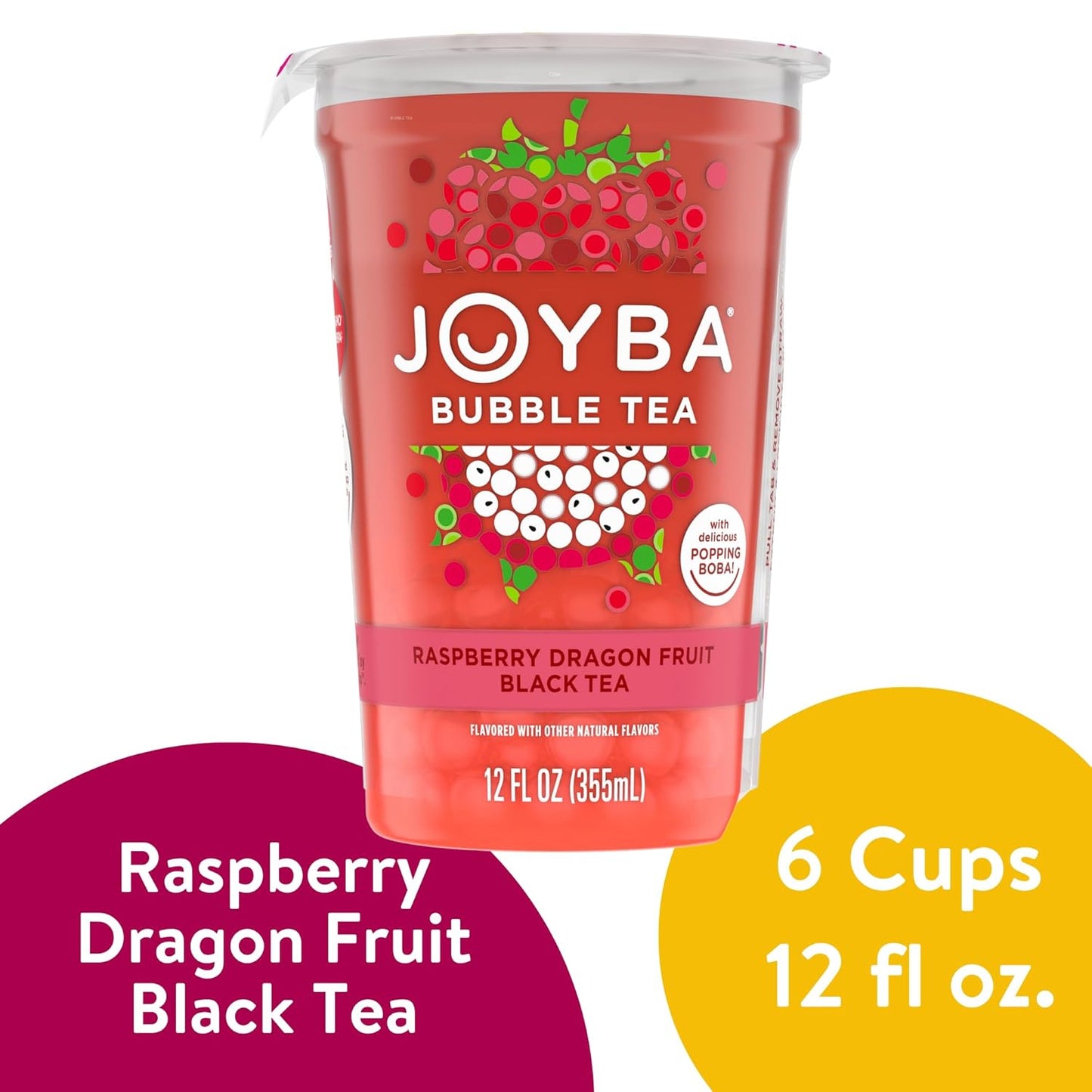 Joyba Bubble Tea Raspberry Dragon Fruit Black Tea with Popping Boba, 6 Pack, 12 fl. oz. Cups