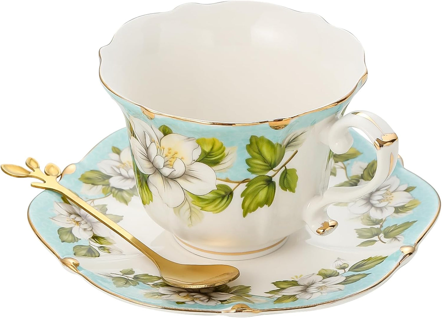TATSUMI Country Roses Bone China Tea Cup and Saucer Set, 3 Pieces, Vintage Style, For Women and Tea Parties(Light Green, 1 set)