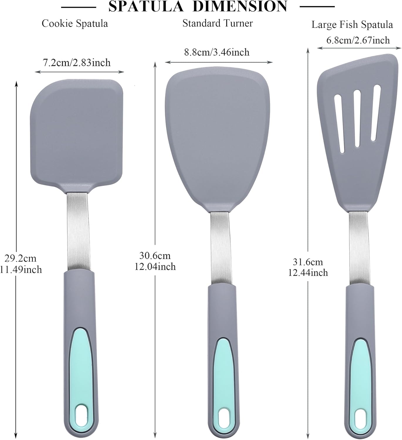 To encounter 3 Pieces Silicone Spatula Set, Heat Resistant Flexible Turner Spatulas, Nonstick Cookie Spatula, Fish Spatula, Dishwasher Safe, Light Grey