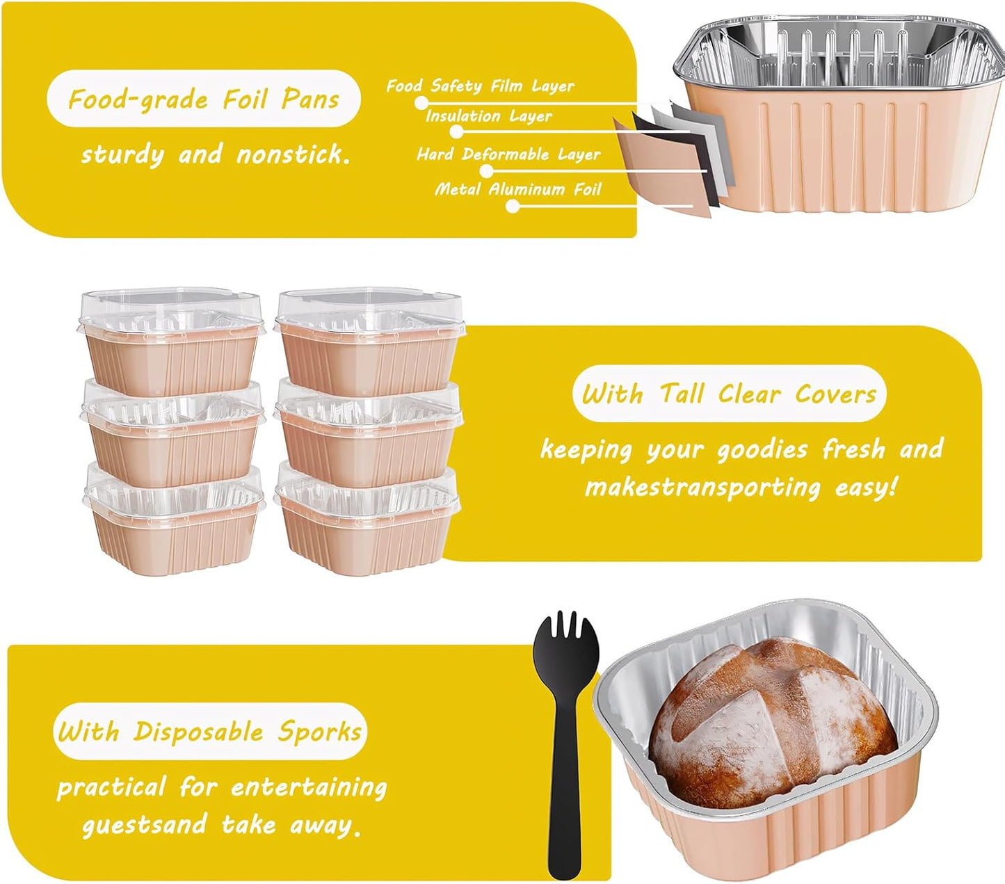 25 Pack Square Mini Cake Pans with Lids,Mini Loaf Pans with Lids,Aluminum Foil Baking Cups,Disposable Ramekins Cupcake Cups,Dessert Cups for Wedding Birthday Party,5oz (Champagne)