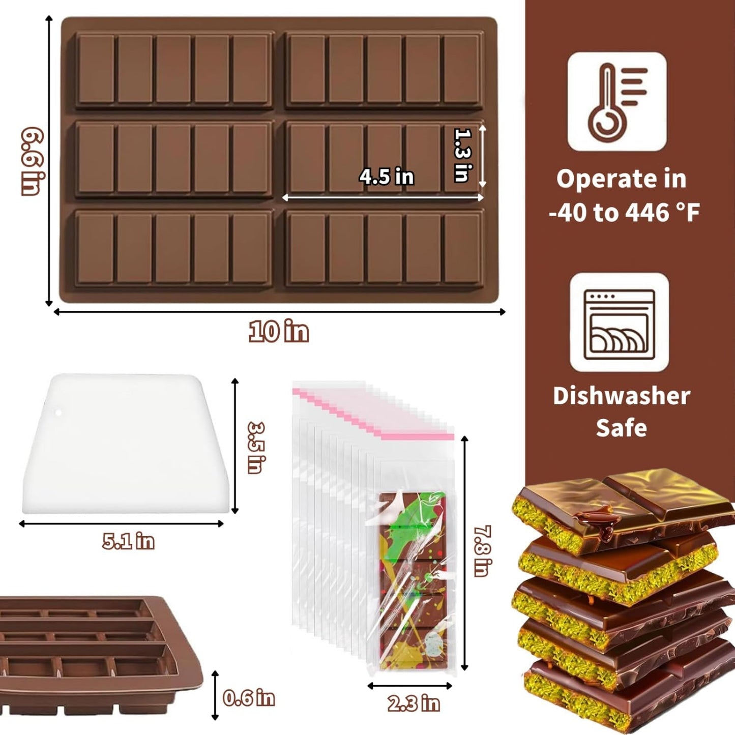 Chocolate Bar Mold, Silicone Thick Chocolate Bar Molds for Dubai Chocolate Bar Pistachio, Break Apart Candy Bar Mold for Stuffed Bars Knafeh Chocolate Bar Kit