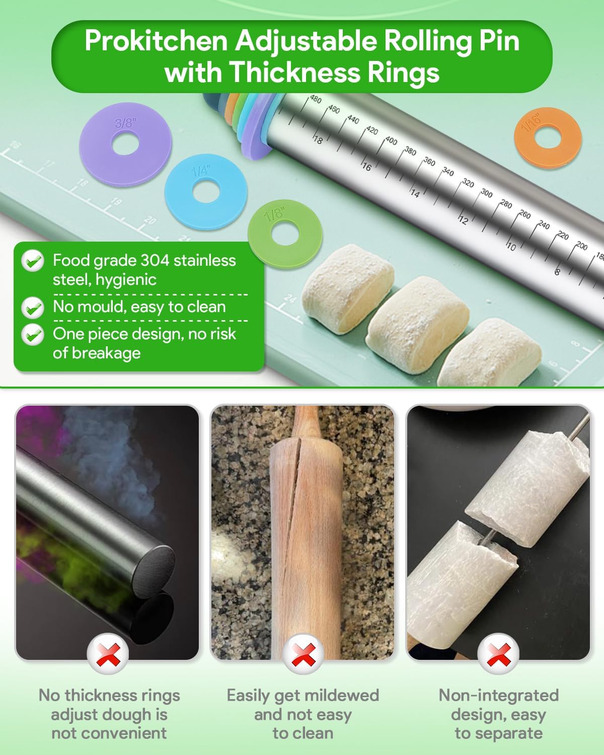 Adjustable Rolling Pin with Thickness Rings for Baking, Adjustable Stainless Steel Designs Dough Roller Pins for Cookie Decorating & Dough Pizza Pie Adjustable Long Rolling Pin 23.6 Inch