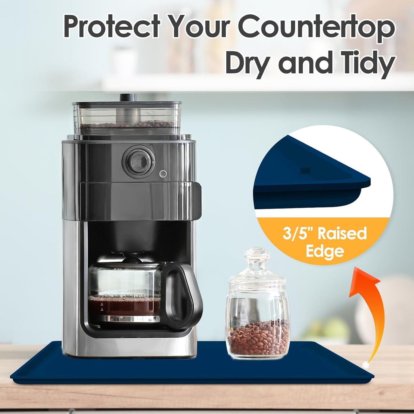 TOHONFOO Silicone Coffee Maker Mat with Lip, 19.7'' x 15'' Heavy Duty Coffee Maker Mat for Countertops, Coffee Tray Fit Under Coffee Machine Appliance Automatic Machines Espresso Accessory, Navy Blue