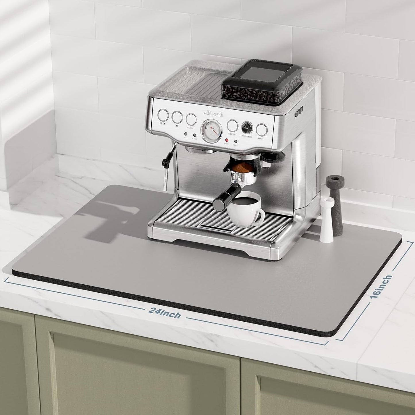 Rnivvi Coffee Mat, 16" x 24" Coffee Bar Mats for Espresso Machine Station Accessories and Organizer, Hide Stain Rubber Backed Absorbent Dish Drying Pad for Kitchen Counter, Cute Bar Decor Pad, Gray