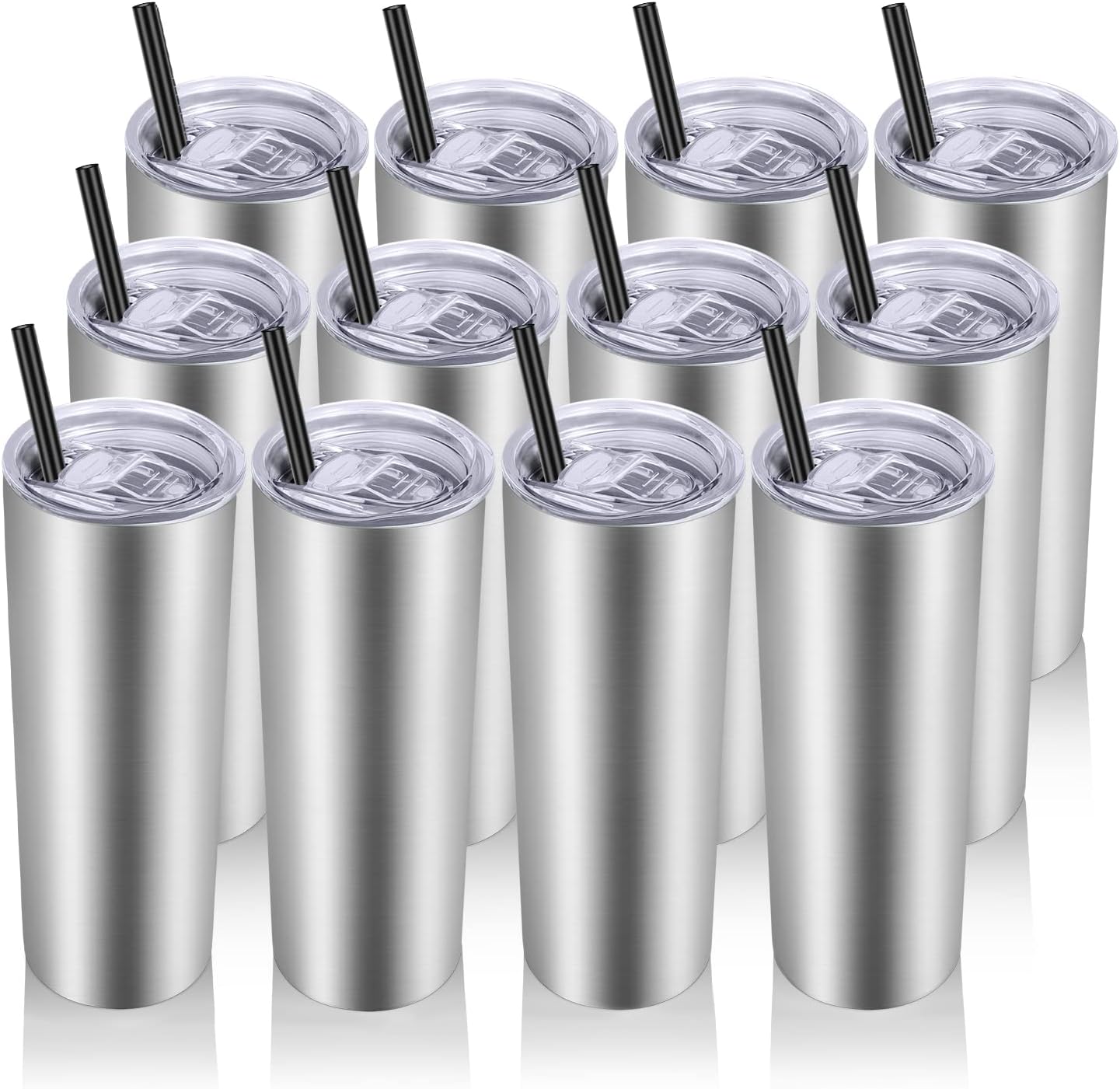 VEGOND Stainless Steel Tumblers Bulk 12 Pack, 20 oz Vacuum Insulated Skinny Tumblers with Lids and Straws, Double Wall Slim Tumbler, Travel Water Cup