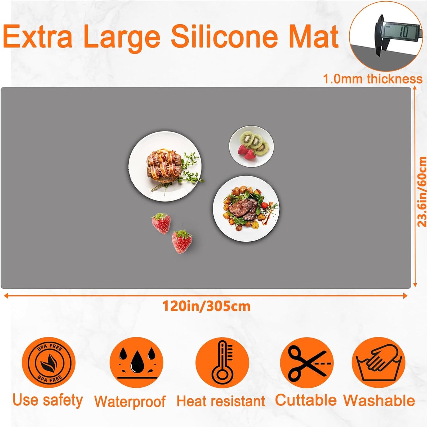 120''x24''(305cmx60cm) Extra Large Silicone Mat for Kitchen Counter, Heat Resistant Countertop Protector, Non-Slip Waterproof Kitchen Island Mat, Easy to Clean, Black
