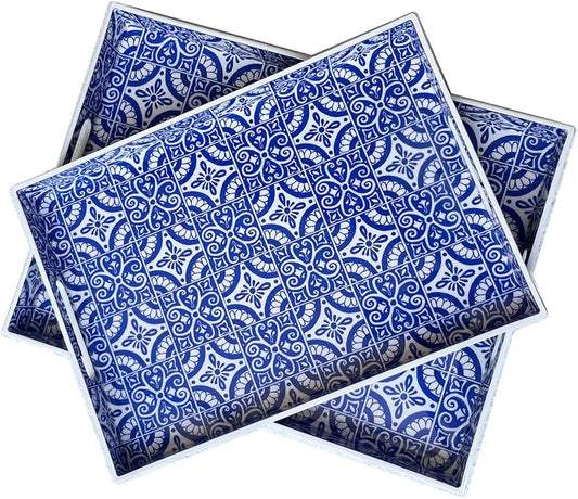 2 Pack Serving Tray with Handles, Rectangular Decorative Trays for Coffee Table, Modern Blue Plastic Ottoman Tray for Living Room, Bathroom, Kitchen, Decor, (Boho Blue)