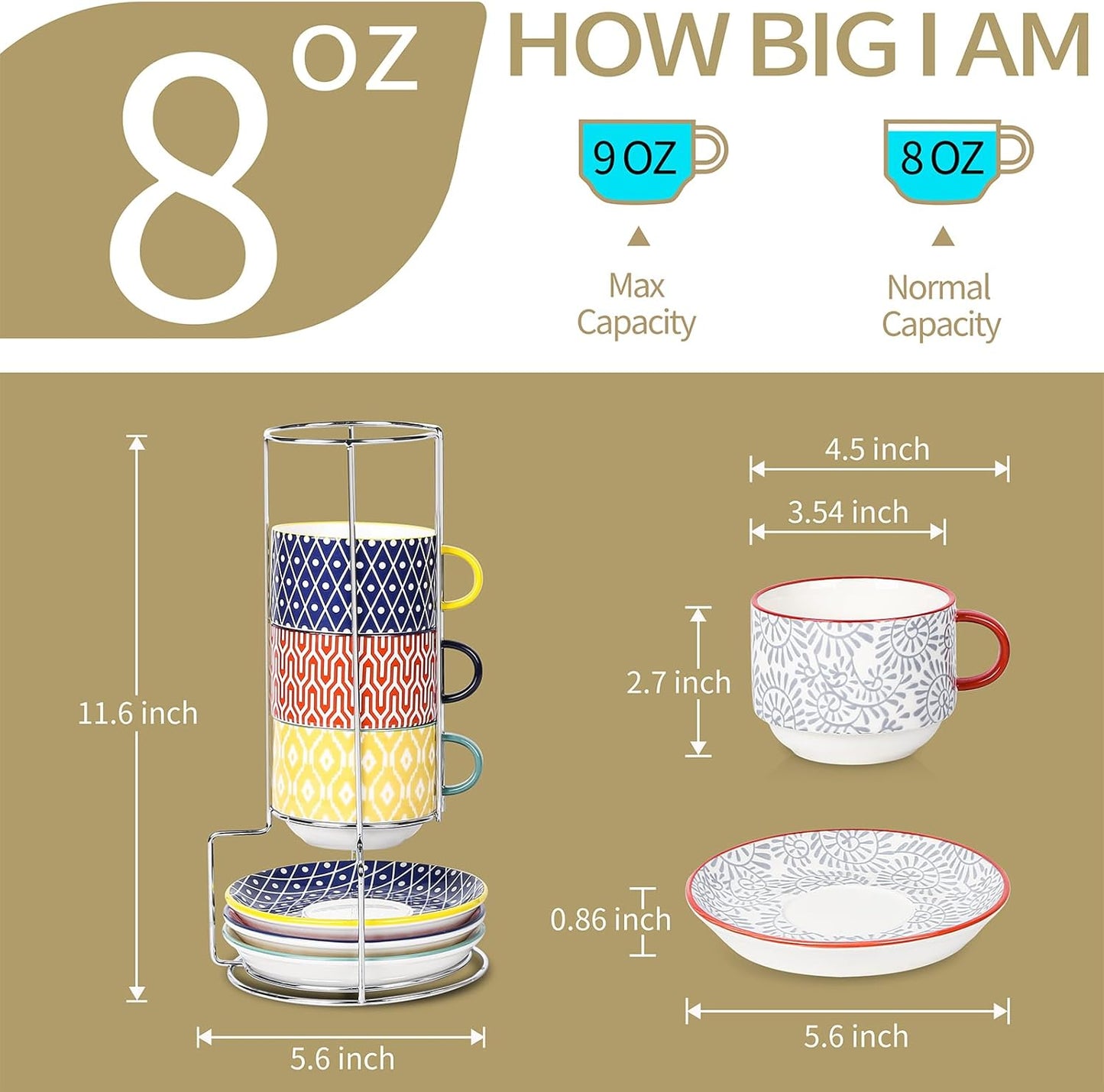 Selamica Ceramic Cappuccino Cups with Saucers and Metal Stand, 8 OZ Stackable Espresso Coffee Cups for Coffee, Latte, Americano, Tea, Set of 4, Assorted Colors