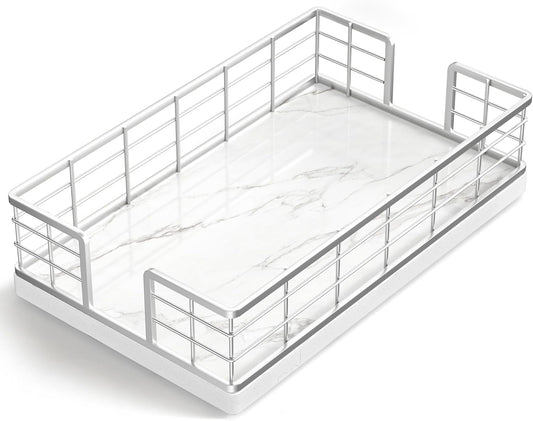 Wican Marble Guest Towel Holder Tray for Bathroom, Napkins Holder for Powder Room Dinning Table Wooden Basket for Disposable Paper Hand Towels Silvery and Marble White