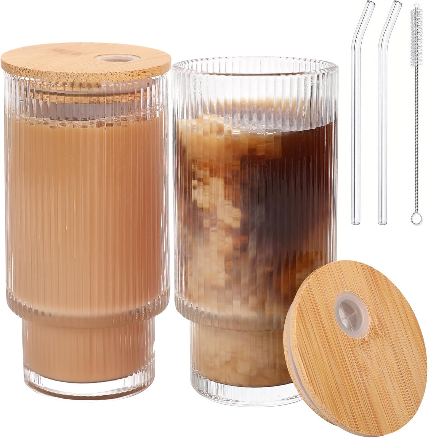 Glass Cups with Bamboo Lids and Straws - 16 oz Iced Coffee Cups, Vintage Ribbed Drinking Glasses, Tumbler for Juice, Beer, Coffee, Milk, Cocktail, Water (2 Pack)