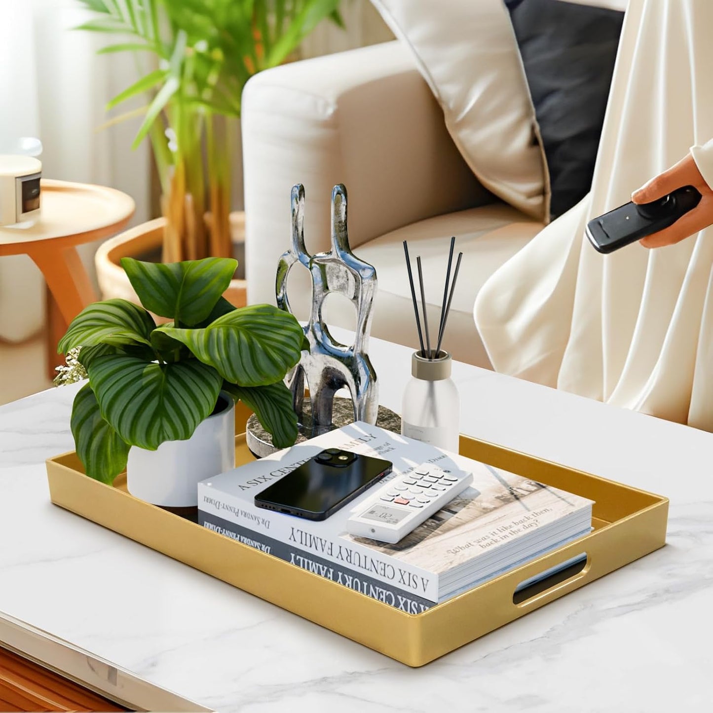 MAONAME Gold Decorative Tray for Coffee Table, Modern Serving Tray with Handles, Plastic Ottoman Trays for Living Room, Bathroom Decor, 15.8" L x 10.2" W x 1.4" H