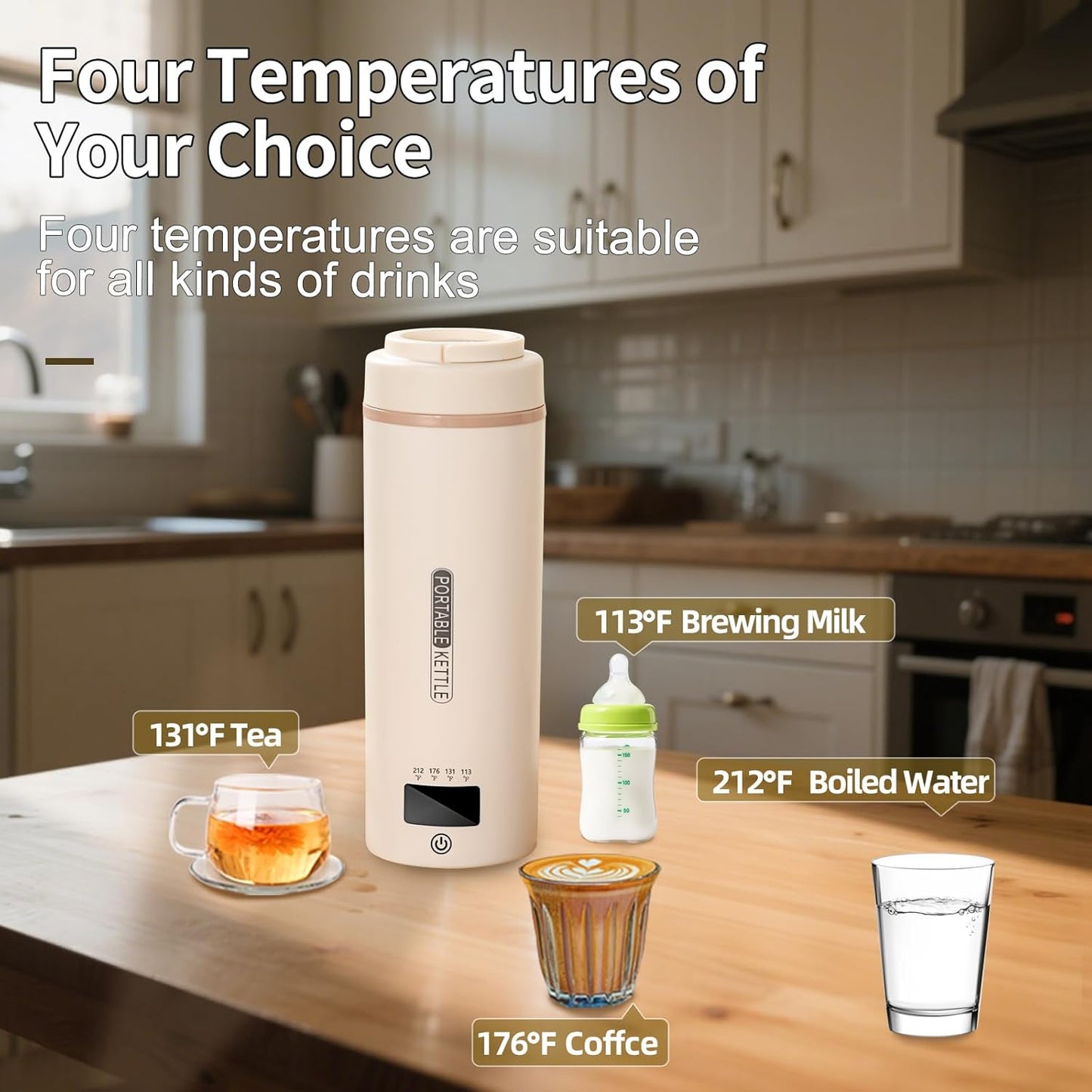 Travel Mini Kettle Portable Electric Kettle with Plug-in Boiling & Keeps Warm via USB, Small Water Boiler with 4 Temperature Settings, 304 Stainless Steel with Auto Shut-off 16oz(Beige)