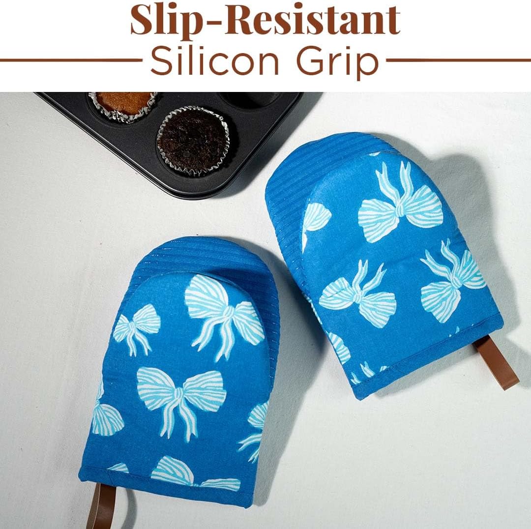 Folkulture Mini Oven Mitts Heat Resistant | (5.75 x 9) Set of 2 Short Blue Oven Mitts with Hanging Loop | 100% Cotton Oven Gloves or Bow Kitchen Mittens | Small Silicone Oven Mits or Baking Accesories