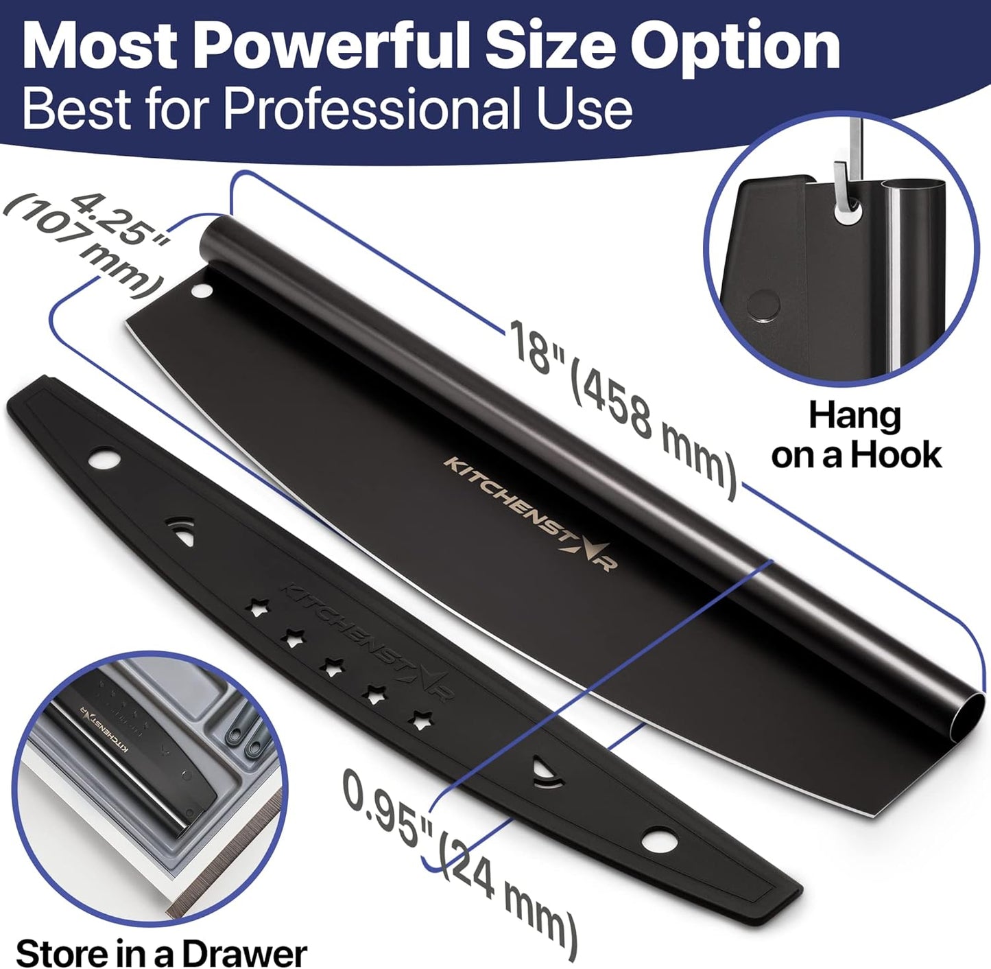 KitchenStar 18-Inch Pizza Cutter Rocker Blade - Sharp Stainless Steel Slicer Knife, Protective Cover, Black Nonstick, Extra Large - Commercial Pizza Oven Accessories