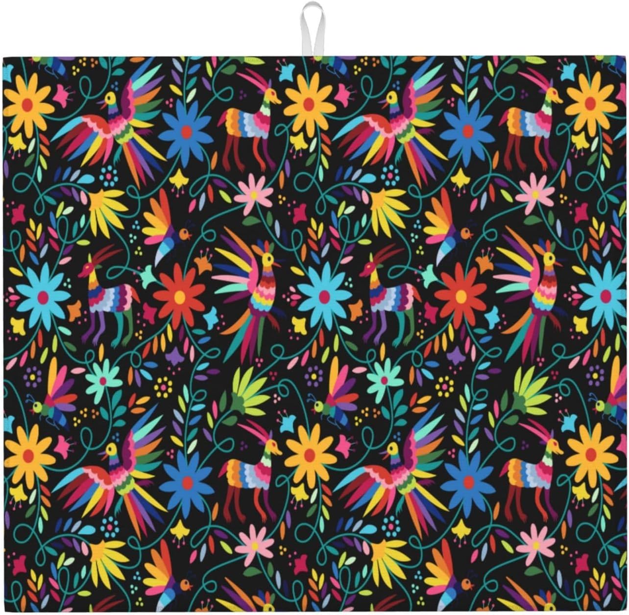Mexican Folk Art Otomi Dish Drying Mats for Kitchen Counter, Absorbent Microfiber Washable Drying Pad, Decorative Cute Kitchen Mat for Sink & Dining Area, Gifts for Christmas, Home Decor, 16x18 inch