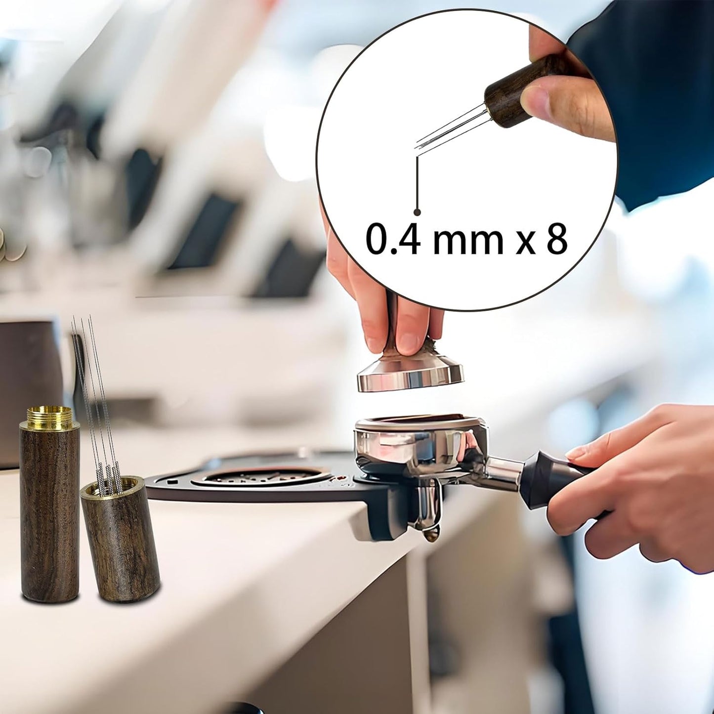 Espresso Stirrer 5 Needles 0.4mm WDT Distribution Tools for Barista, Natural Wood Handle and Stand, Espresso Distribution Tools for Home Kitchen Cafe