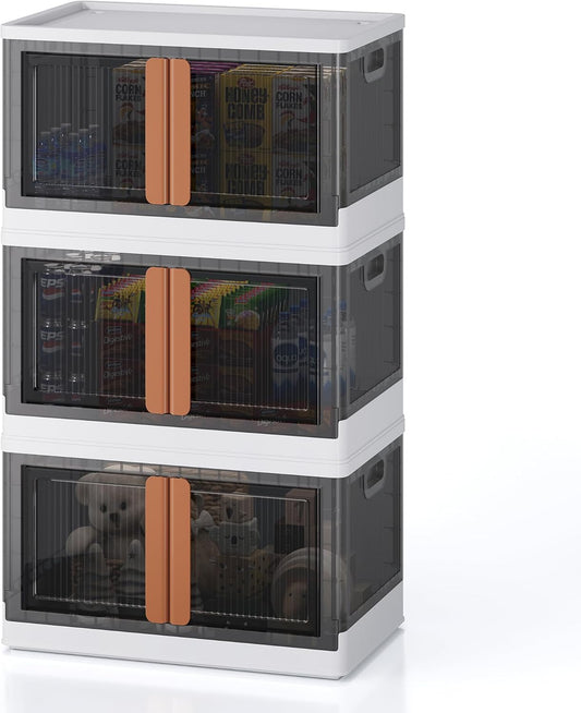 19Gal Collapsible Storage Bins with Lids & Wheels - 3 Pack Stackable with Doors, Heavy-Duty Plastic Containers for Home/Office, White