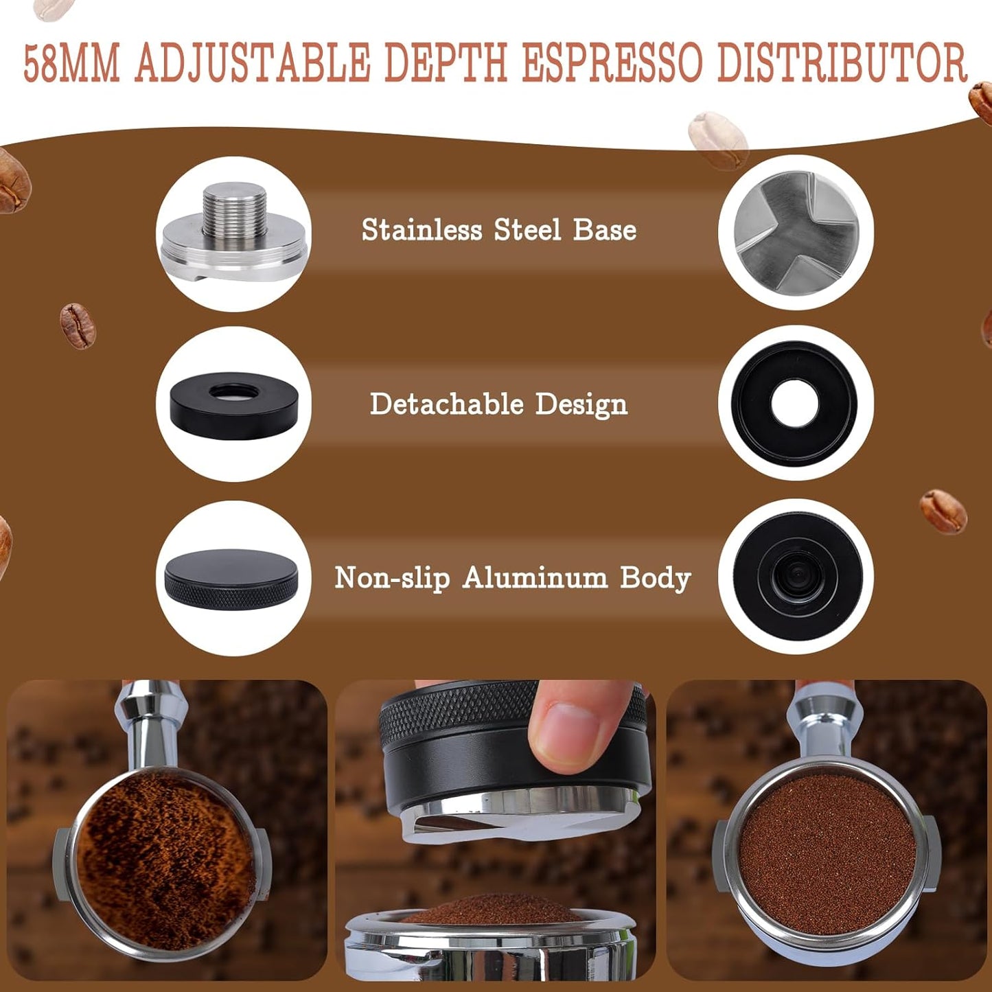 58mm Espresso Tamper Set - Spring-loaded Coffee Tamper, Adjustable Depth Espresso Distributor Leveler, Magnetic Dosing Funnel Aluminum Metal, Reusable Puck Screen, Fit for 58mm Portafilters
