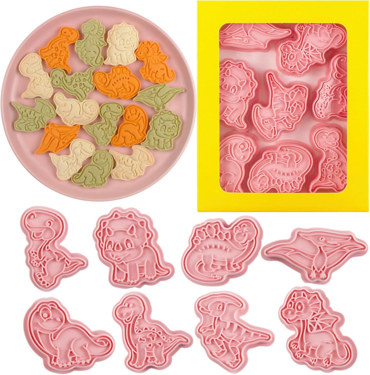 8 Pcs Dinosaur Cookie Cutters Set Baking Molds 3D Dinosaur Press type Cookie Cutter for Baking, Fondant, Cheese, and Pastries