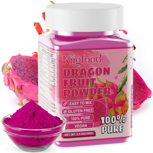 Dragon Fruit Powder - Kiigfood 5.3 oz/150g Natural Fruit Powder, Freeze-Dried Pink Pitaya Powder for Dragon Fruit Syrup, Drink, Baking, Smoothies, Cocktail, Food Coloring - Vegan, Non-GMO, Gluten-Free