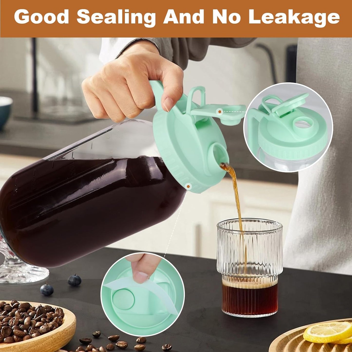 Cold Brew Coffee Maker，64 oz Wide Mouth Mason Jar Pitcher with Stainless Steel Filter, Pour Spout Handle Lid, Heavy Duty Glass Airtight & Leak-Proof Pitcher for iced coffee & Tea Lemonade-Green