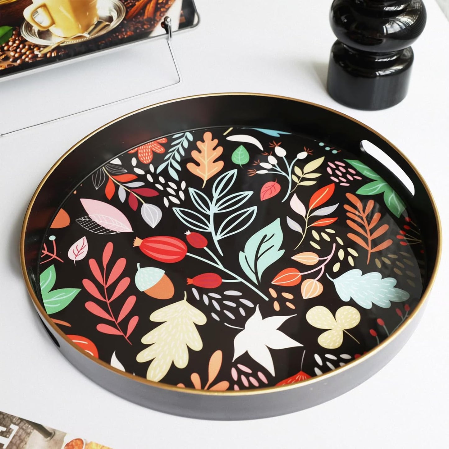 Round Serving Tray with Handles, Coffee Table Tray for Ottoman, Organizer Vanity Tray for Living Room, Outdoor Tray for Patio Entertaining, Serving Breakfast Kitchen Platter LEE33BH