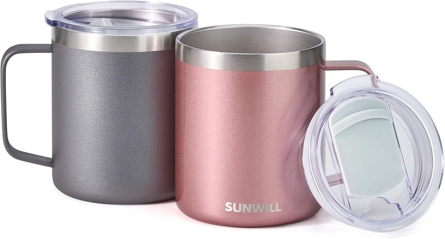 SUNWILL Travel Coffee Mug with Lid, Insulated Tumbler with Handle, 14 oz Stainless Steel Cup Set of 2 for Camping, Outdoor, Cool Grey & Rose Gold 2 Pack