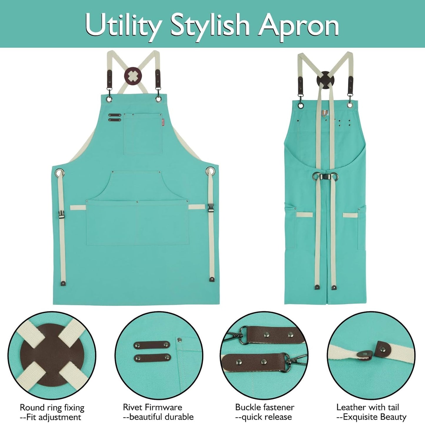 5 Pack Kitchen Apron, Work Apron, Canvas, Multiple Pockets, Gardening, Painting, BBQ, Artist, Carpenter, Sizes M to XXL, Ice Blue