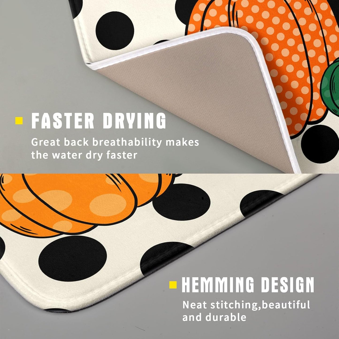 Autumn Pumpkin Dish Drying Mat for Kitchen Counter,Black Round Dot Decoration Drying Mat 16 x 18 Inch with Absorbent Reversible Microfiber Dish Drying Pad Dish Rack Drainer Mat for Coffee Bar